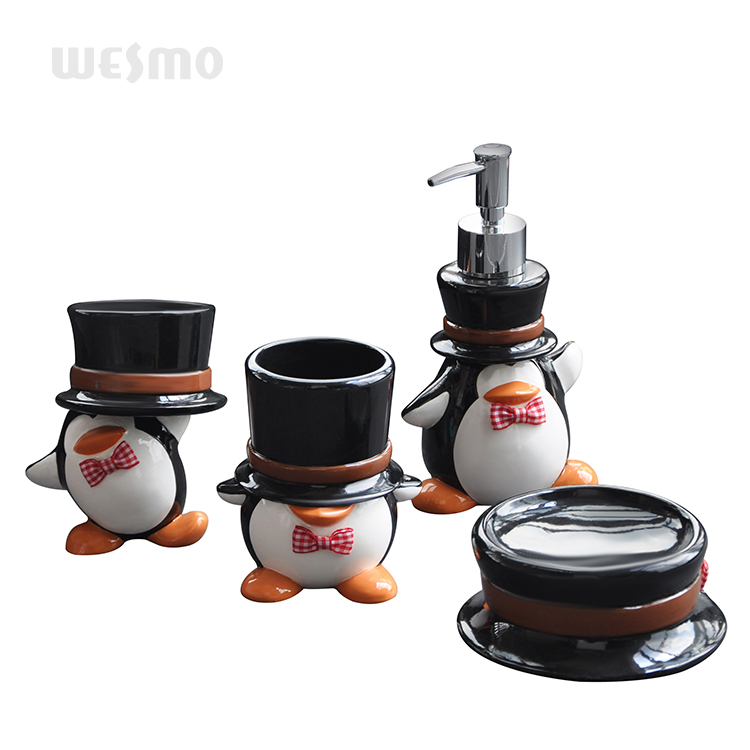 Unique design penguin children four-piece polyresin bathroom accessory set